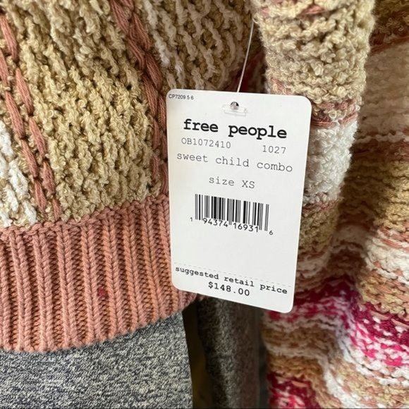 FREE PEOPLE KNIT CROP TOP STRIPED KNIT TAN WHITE AND PINK SWEATER NWT - Picture 6 of 11